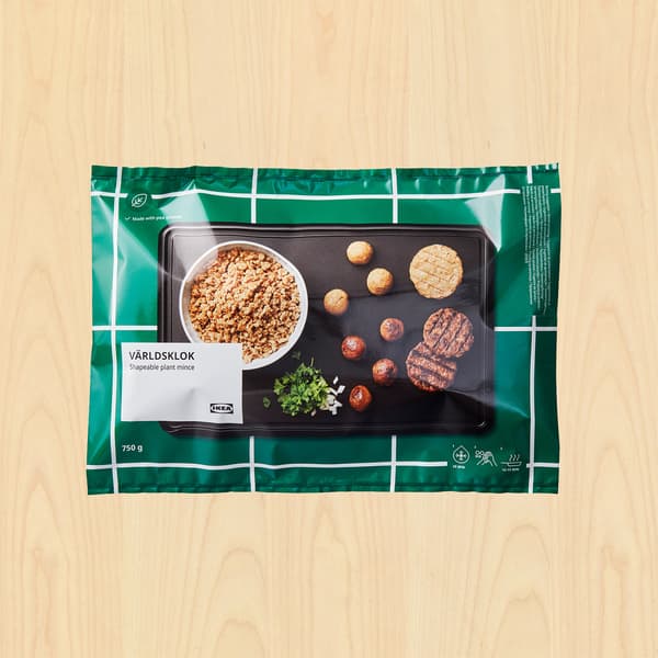 Dark green packet showing VARLDSKLOK shapeable plant minced, 750g.