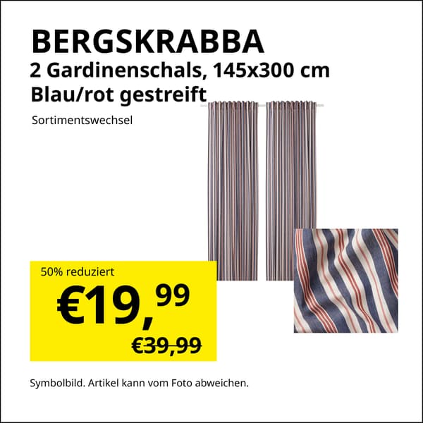 Das 2-teilige Gardinenset BERGSKRABBA (145×300 cm, blau/rot gestreift) ist für 19,99 € statt 39,99 € im Angebot.