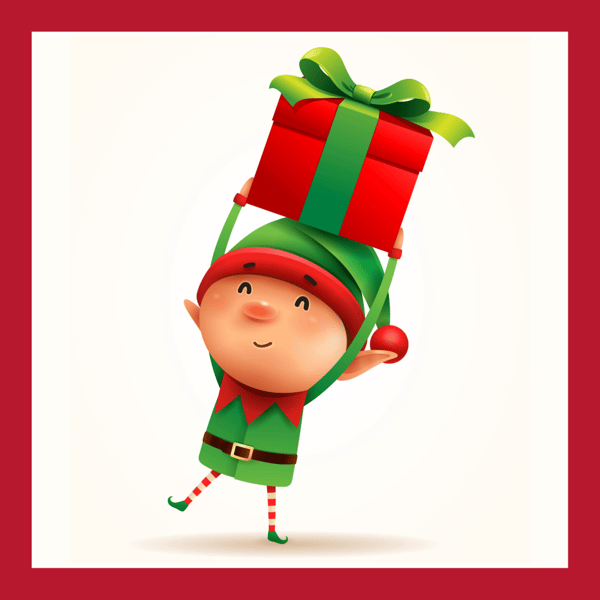 Das Bild zeigt einen Weihnachtself mit einem Geschenk auf seinem Kopf.