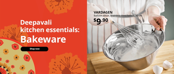 Deepavali kitchen essentials: Bakeware, shop now. Image shows a person whisking. 