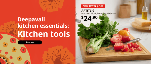 Deepavali kitchen essentials: Kitchen tools, shop now. Image shows a APTITLIG chopping board with vegetables on top 