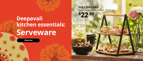 Deepavali kitchen essentials: Serveware, shop now. Image shows a FULLSPACKAD serving tray with food on top of it. 