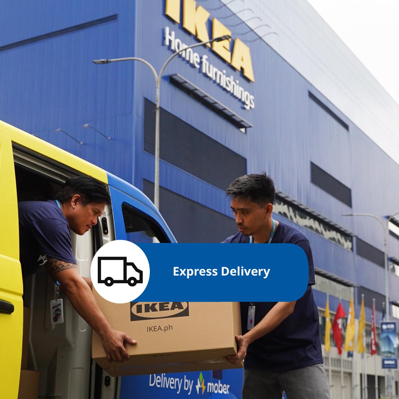 Delivery workers unloading a box labeled "IKEA" from a vehicle outside a large IKEA store, with an "Express Delivery" graphic overlay.