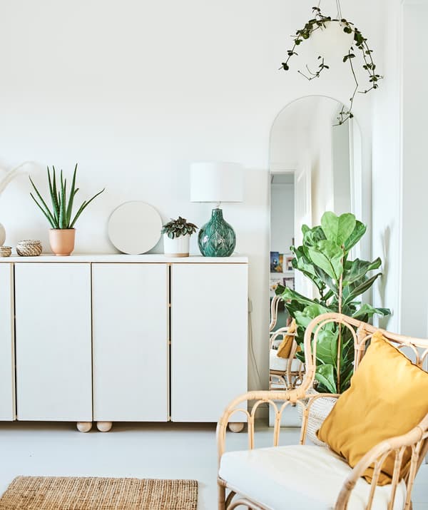 Des armoires teintes en blanc avec des plantes, un miroir et une lampe verte au-dessus, un miroir en forme d’arche est encadré par une plante suspendue.