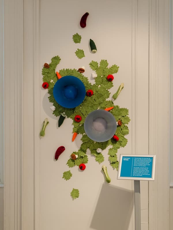 Des bols TRYGG sont posés contre un mur de présentation avec des jouets en forme de feuilles et de légumes provenant de l’ensemble pour enfants DUKTIG.