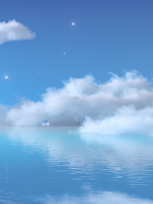 Des étoiles et des nuages blancs et dodus parsèment un ciel bleu surplombant une mer légèrement agitée et de la même couleur.