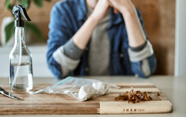 Des noyaux d’avocats enroulé dans de l’essuie-tout humide, dans un sac alimentaire en plastique, le zeste, un vaporisateur et un couteau à éplucher sur une planche à découper.