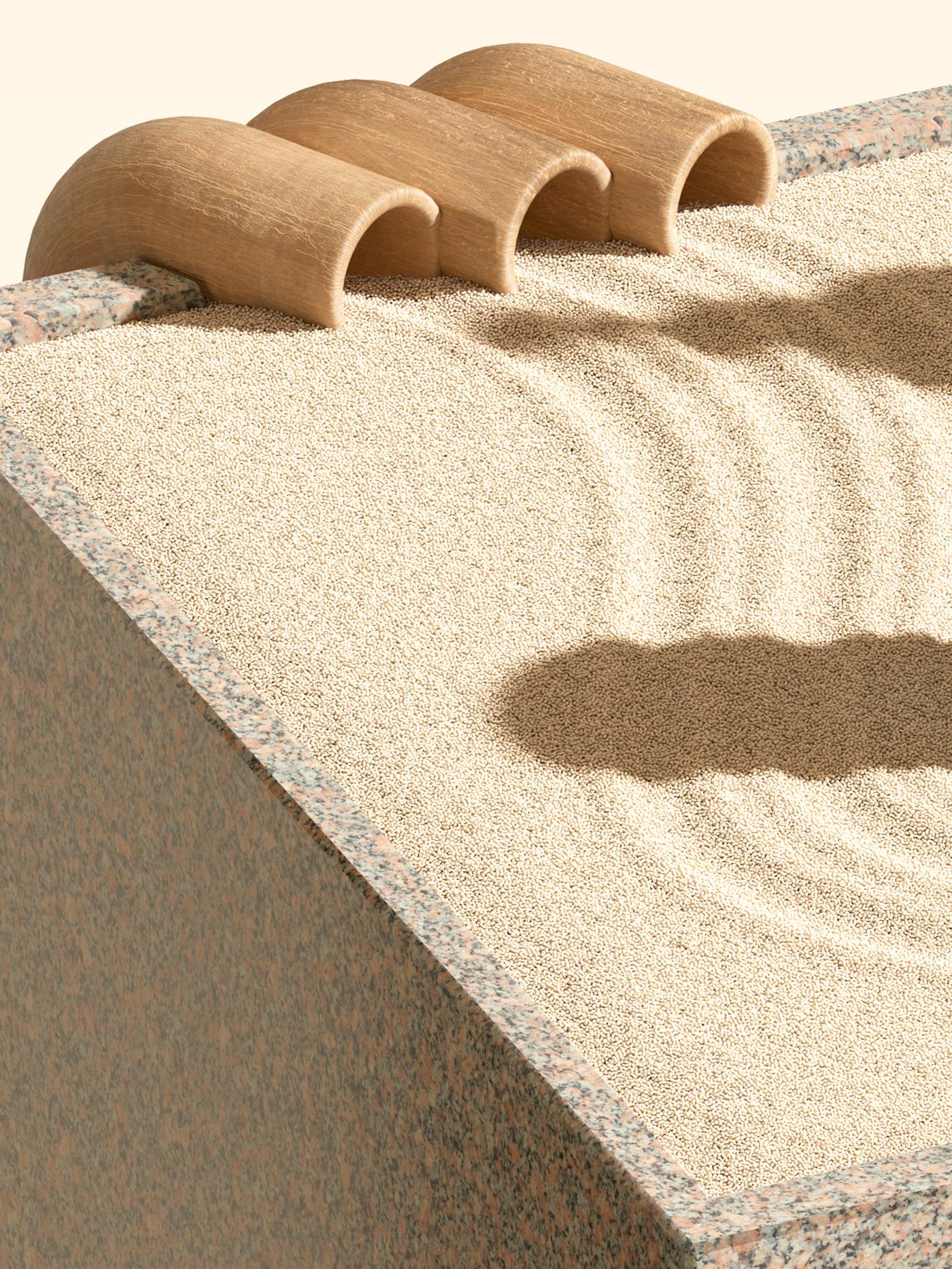 Des traits ondulés partent de trois tubes en bois au bord d’une boîte de granite et marquent le sable doré qui s’y trouve.