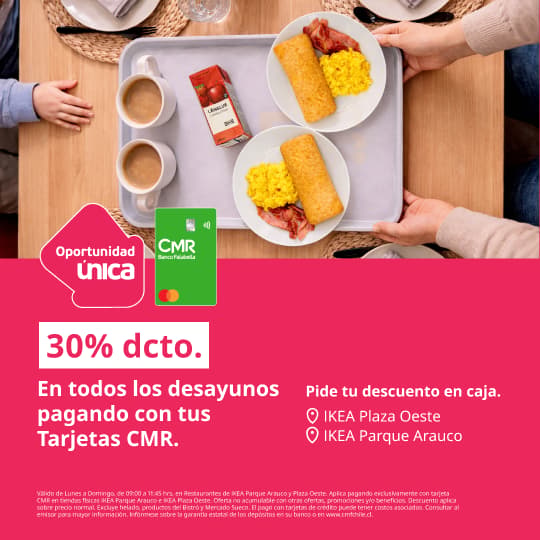 Desayuno IKEA con 30% de descuento todos los días pagando con CMR.