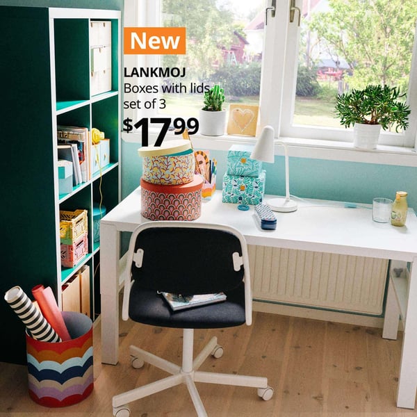 Desk and shelves in an organized office, with text highlighting NEW LANKMOJ boxes with lids set of 3 for $17.99