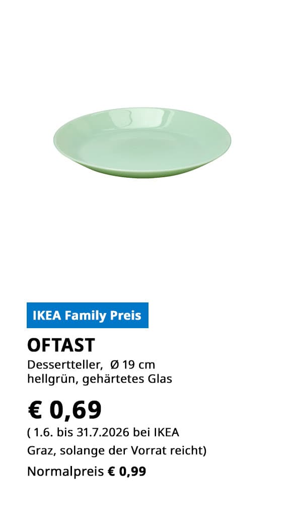 Dessertteller Oftast, Durchmesser 19 cm, gehärtetes Glas, hellgrün, statt €€ 0,99 zum IKEA Family Preis von € 0,69.