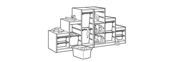 Dessin d'une structure TROFAST complète avec différents bacs remplis de jouets.