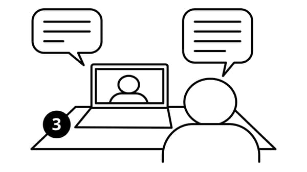 Dessin en noir et blanc d’une vidéoconférence entre deux personnes. Le dessin porte le numéro 3.