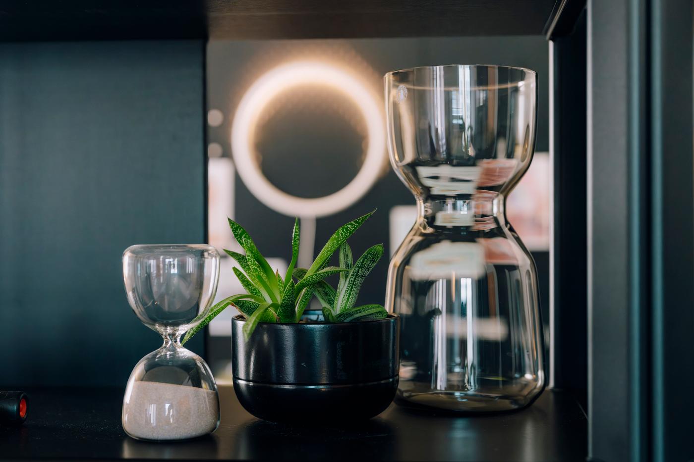 Detailansicht von Dekogegenständen: Eine Glas-Vase, ein Blumentopf mit einer kleinen Aloe Vera und eine Deko-Sanduhr