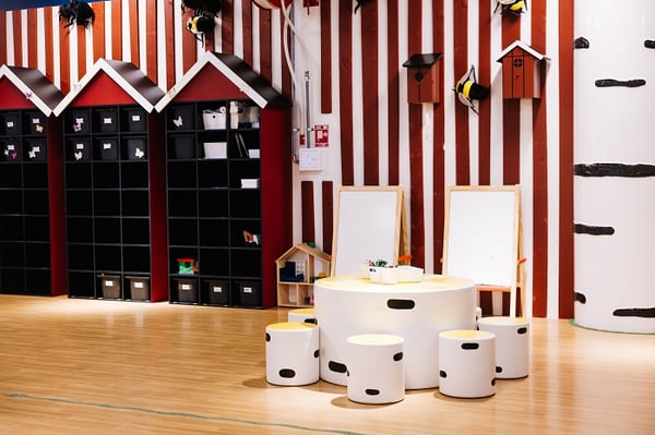 Детская игровая зона для творчества, включающая круглый стол с белыми табуретами, напоминающими игральные кости, в окружении художественных принадлежностей и мольбертов. Фоном служат красно-белые полосатые стены, черные стеллажи в форме домиков, а также декоративные скворечники и деревья.
