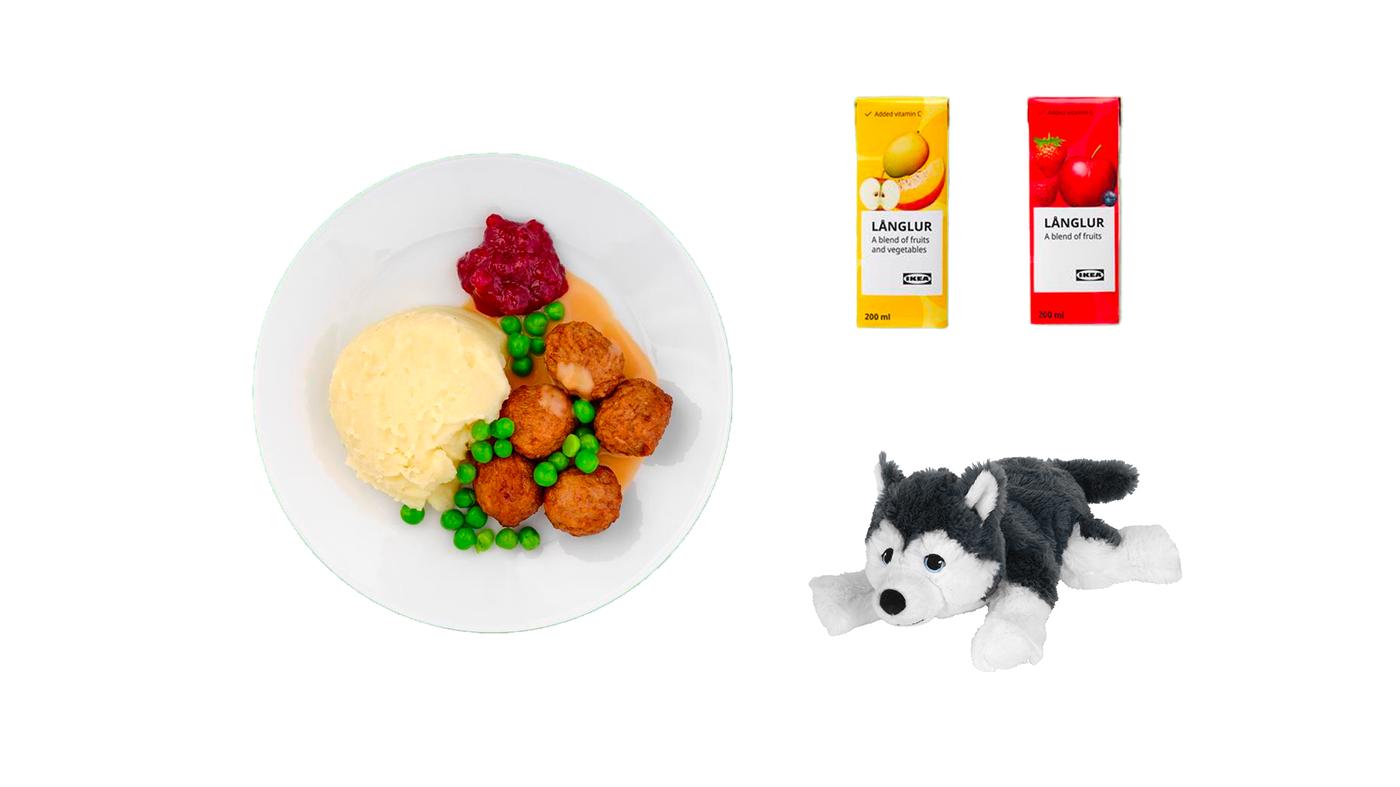 Dětské menu (kuličky + bramborová kaše), nápoj LANGLUR a plyšová hračka LIVLIG pes.