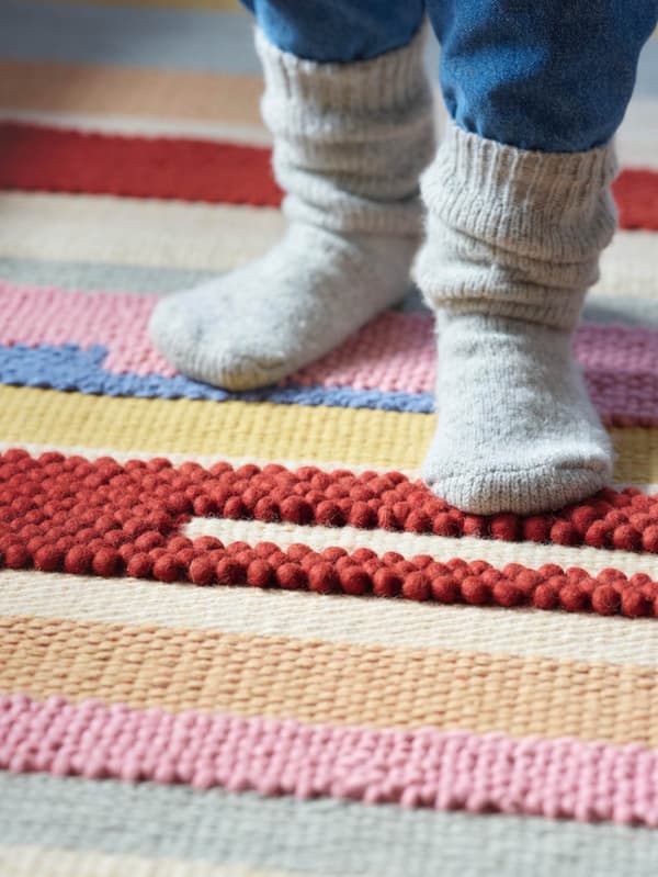 Detské nohy v teplých ponožkách na pruhovanom koberci BRÖNDEN.
