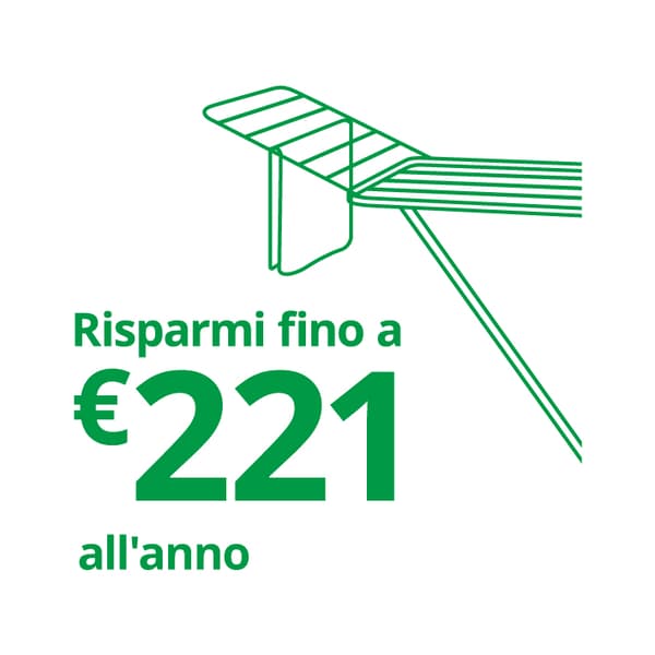 Dettaglio di uno stendibiancheria stilizzato su sfondo bianco con la scritta in colore verde "Risparmi fino a €221 all'anno".