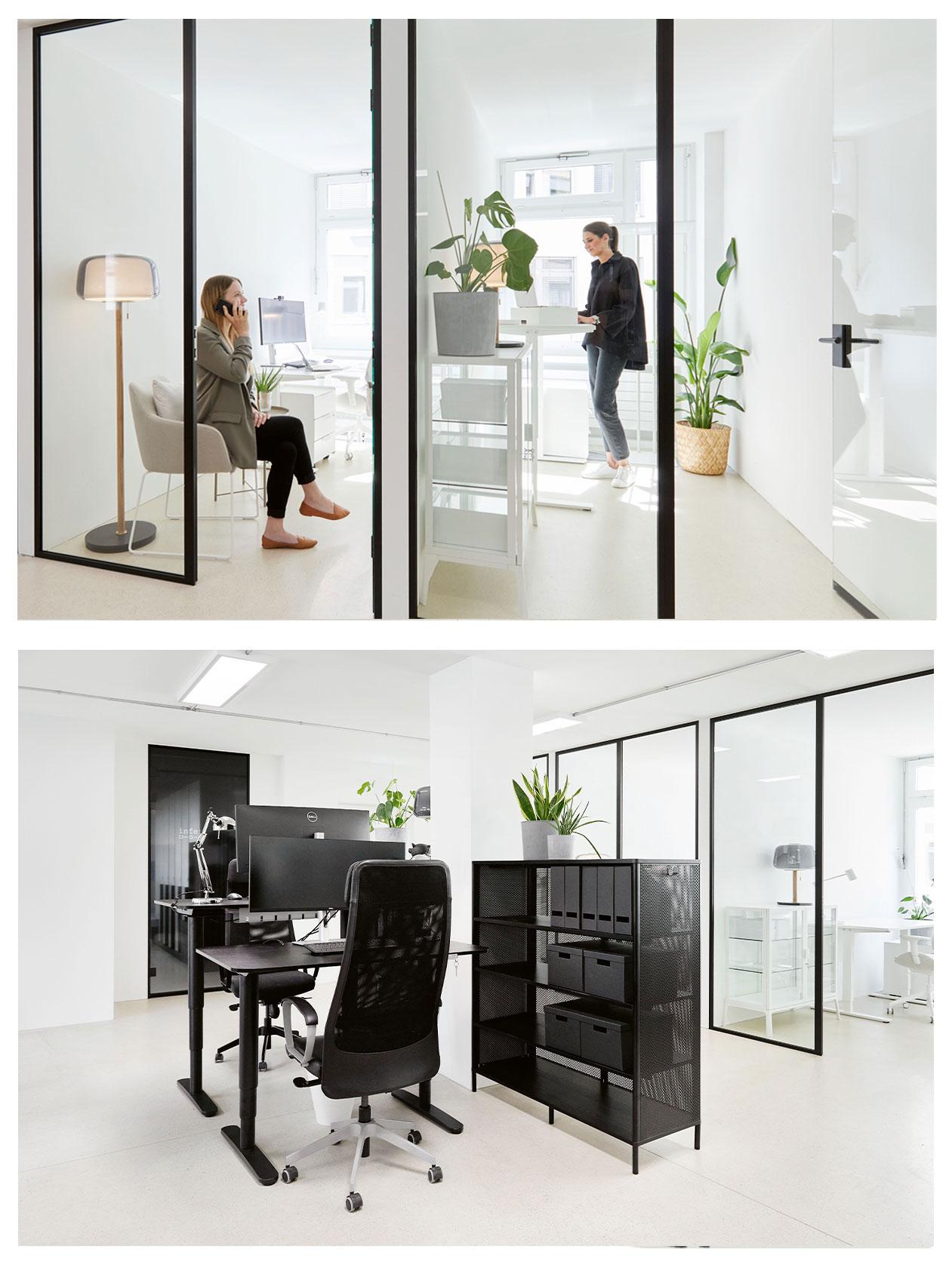 Deux photos d'un espace de bureau avec des meubles blancs et d'un grand bureau ouvert avec des meubles noirs, à comparer avec l'image précédente des dessins en 3D.