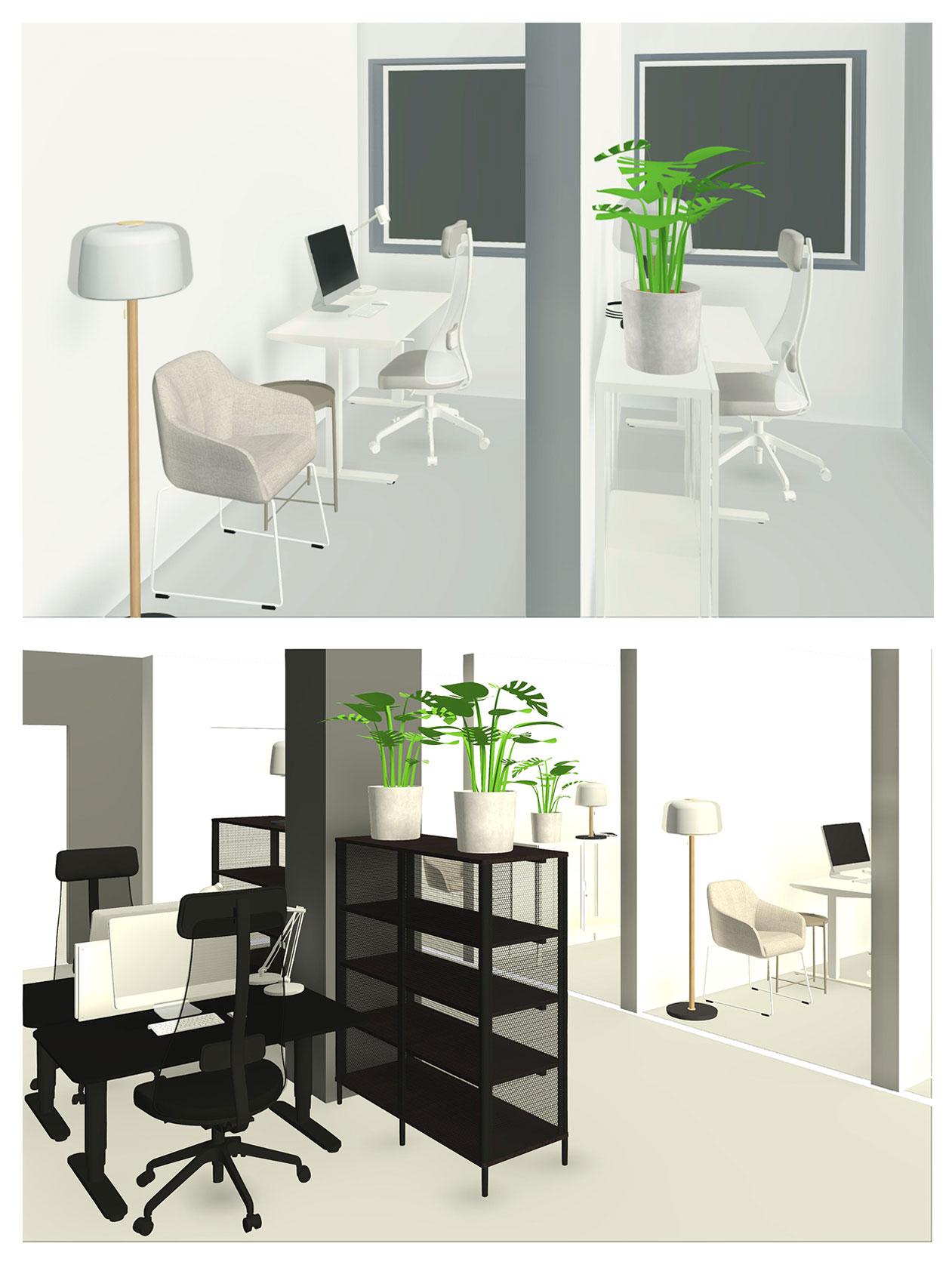 Deux représentations 3D d'un espace de bureau avec des meubles blancs et d'un bureau ouvert avec des meubles noirs.
