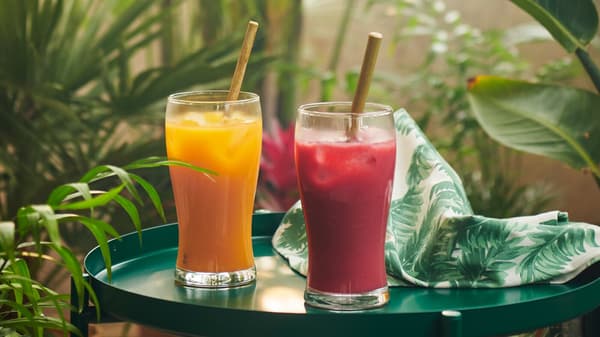 Deux verres de mélange à frappé FRUKSTUND prémélangé jaune tropical et rouge fraise placés sur une table entourée de plantes.