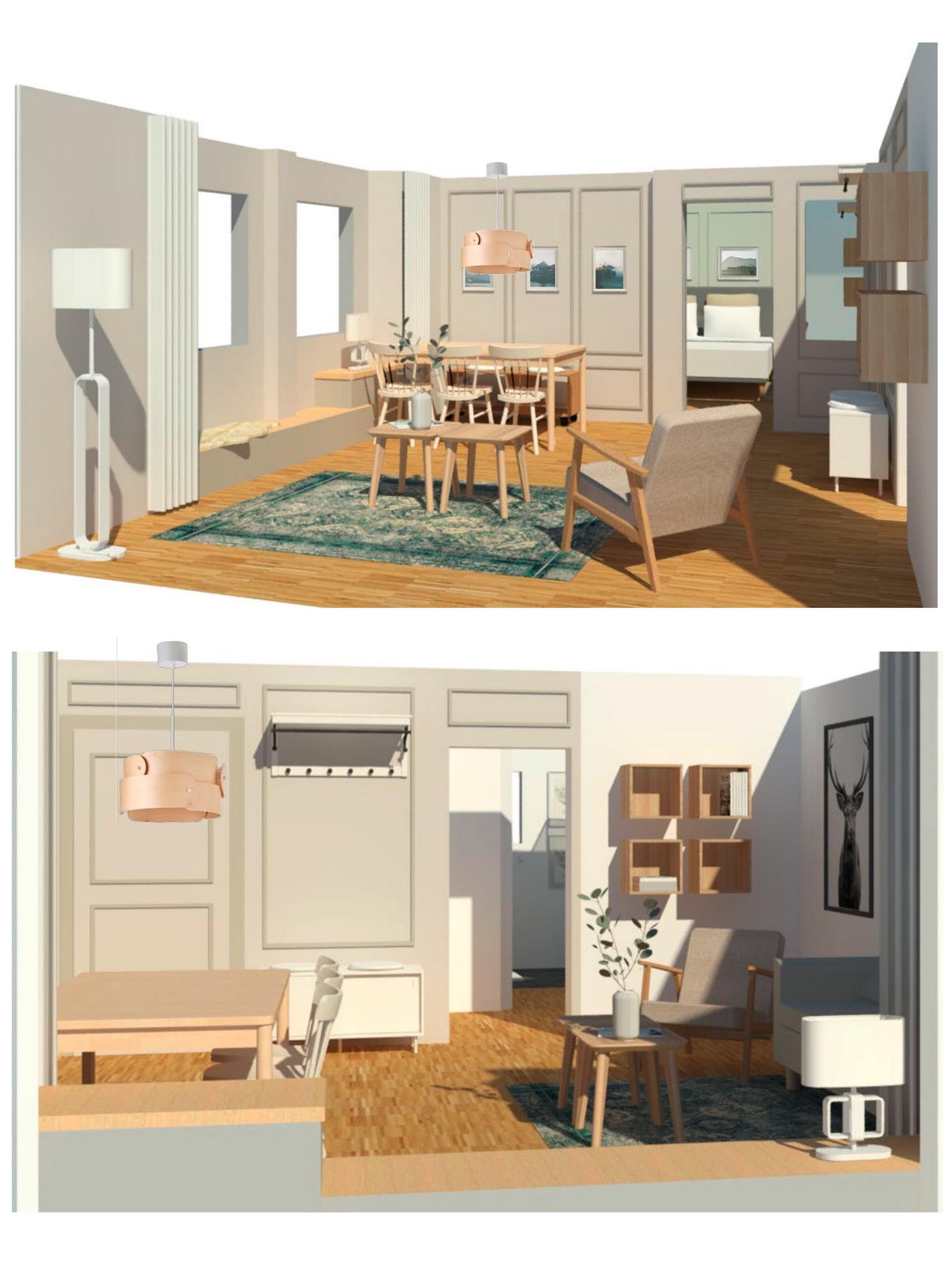 Deux vues en 3D d'un salon et d'une salle à manger présentant l'ameublement prévu.