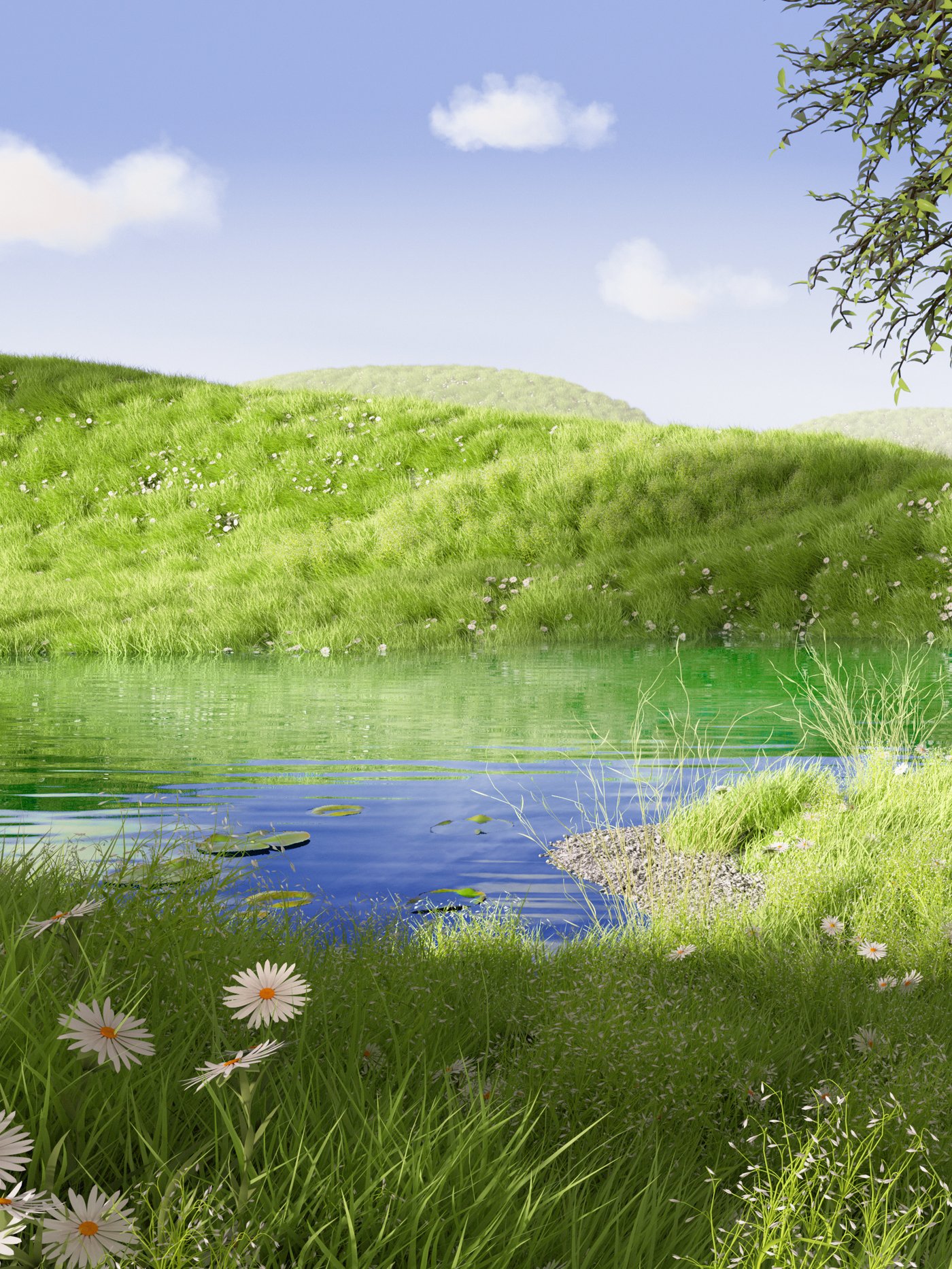 Di bawah langit berwarna biru, bukit berumput tergambar pada kolam di belakang helaian rumput yang panjang dengan bunga berwarna putih dan kuning.