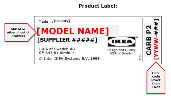 Diagram showing where to find the Chest of drawer model nameand date stamp on a product label.