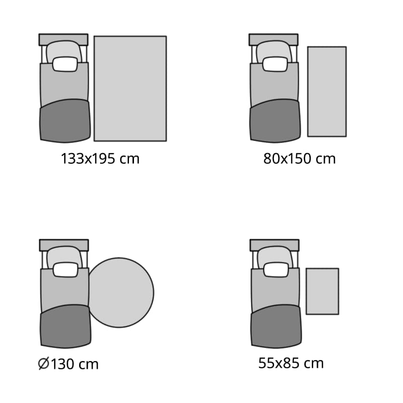Diagrama amb quatre opcions de disposició de catifes per a llits individuals. Cada il·lustració mostra un llit vist des de dalt amb una catifa col·locada al costat o sota del llit. Les mides de les catifes són:
133×195 cm (rectangular, gran)
80×150 cm (rectangular, mitjana)
130 cm (rodona)
55×85 cm (rectangular, petita)
El diagrama il·lustra diferents opcions per millorar el confort i l'estètica del dormitori.