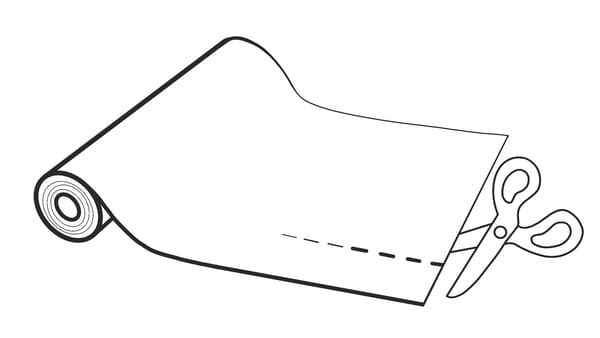 Dibuix d'un rotlle de paper amb línies per retallar i unes tisores obertes.