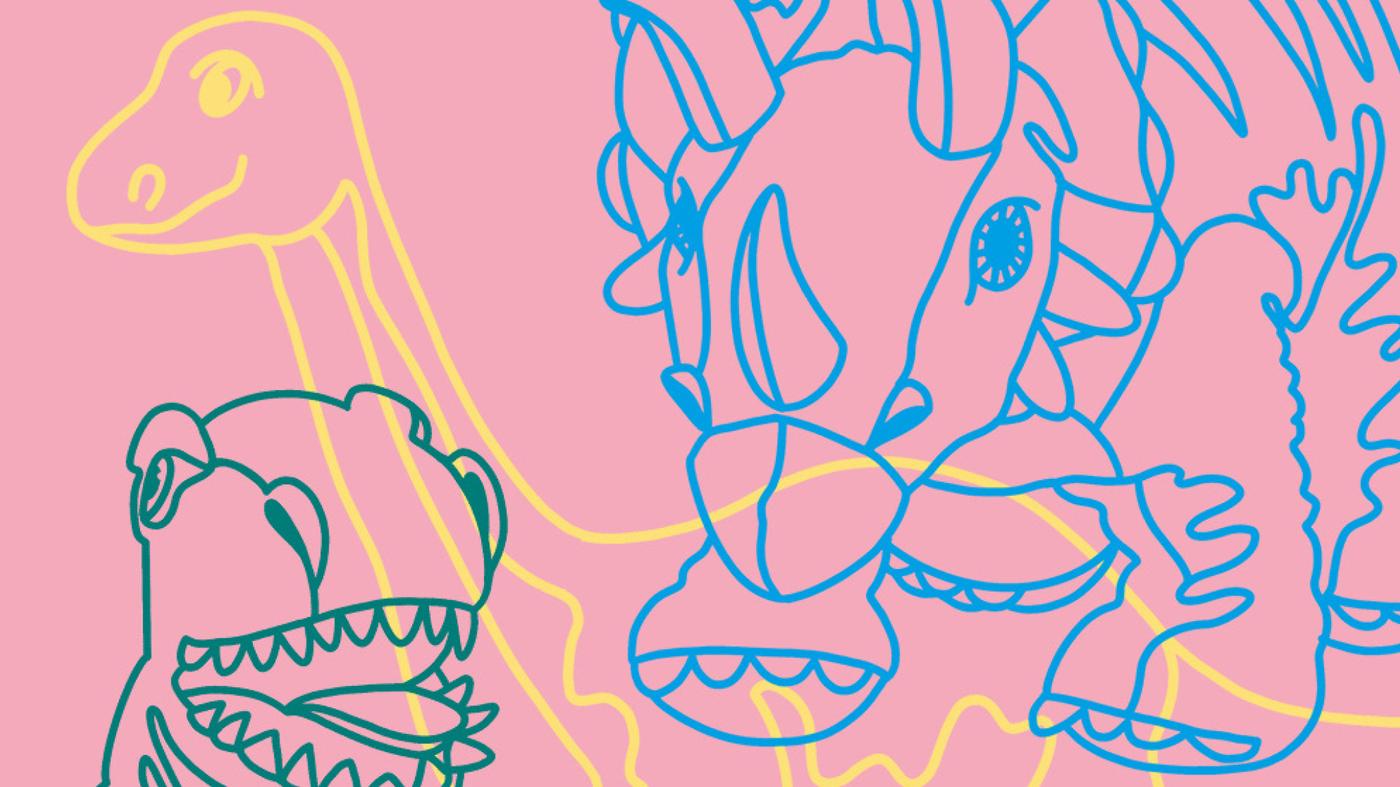 Dibuixos de dinosaures JÄTTELIK de color verd, groc i blau davant d'un fons rosa.
