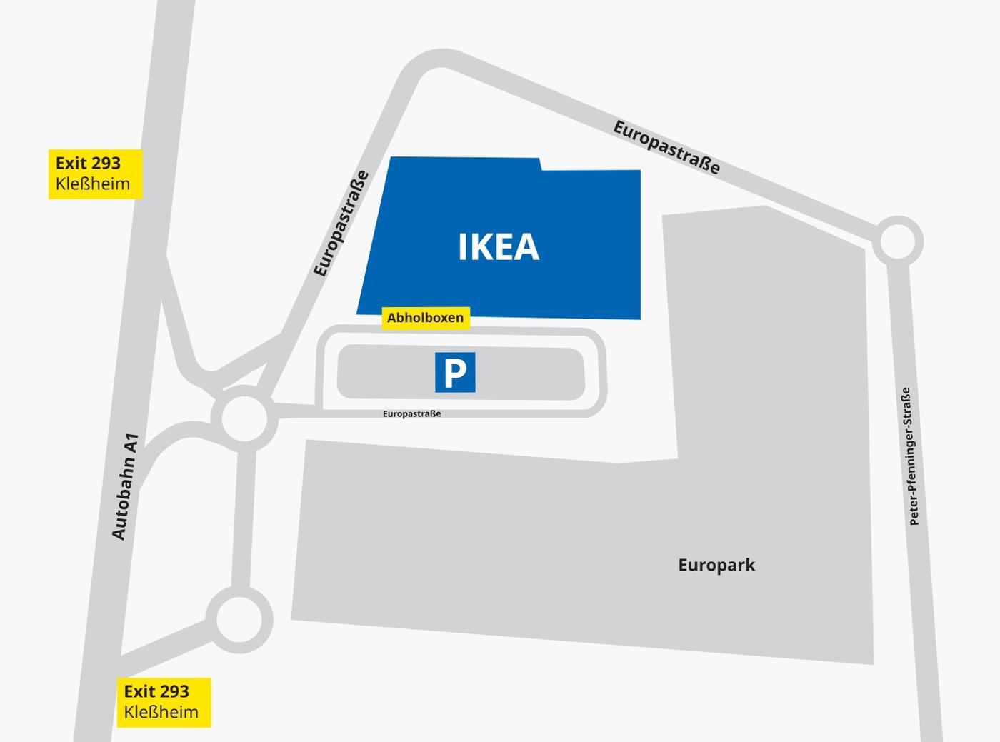 Die Abholboxen für Click & Collect im IKEA Einrightungshaus Salzburg befinden sich, vom Parkplatz auf das IKEA Gebäude schauend, auf der linken Seite.