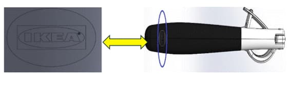 Die betroffenen Produkte sind an einer Markierung des IKEA-Logos auf dem oberen Griff des Produkts zu erkennen.