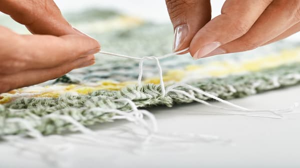 Die Frau macht in das Ende des Stoffes Knoten rein damit es nicht aufgeht.