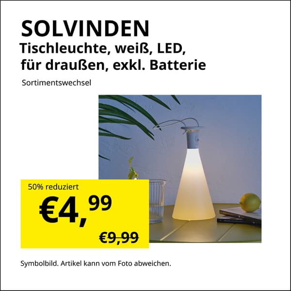Die weiße LED-Tischleuchte SOLVINDEN für draußen kostet aktuell 4,99 € statt 9,99 €.