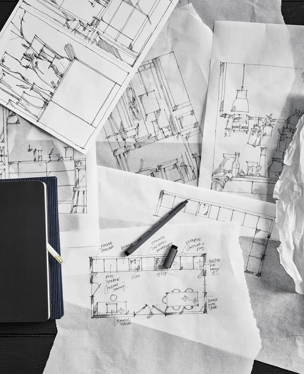 Different sketches and layouts of a stylist’s dream kitchen 