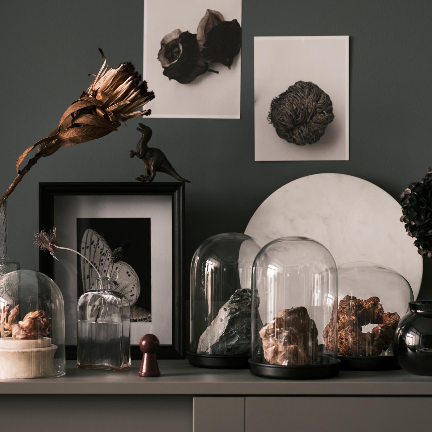 Différentes roches exposées sous des dômes en verre SKÖNJA, à côté d’une assiette blanche et d’une image encadrée, sur le dessus d’une vitrine grise.