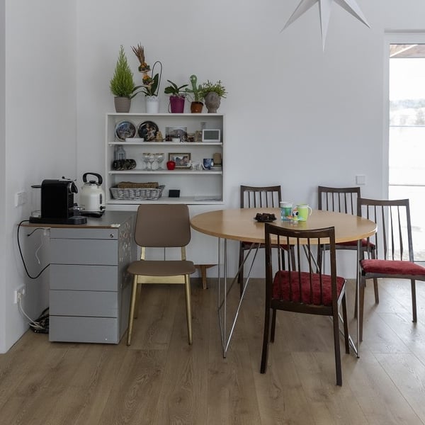 Dining area with round wooden table, mismatched chairs, and wall shelves with plants.