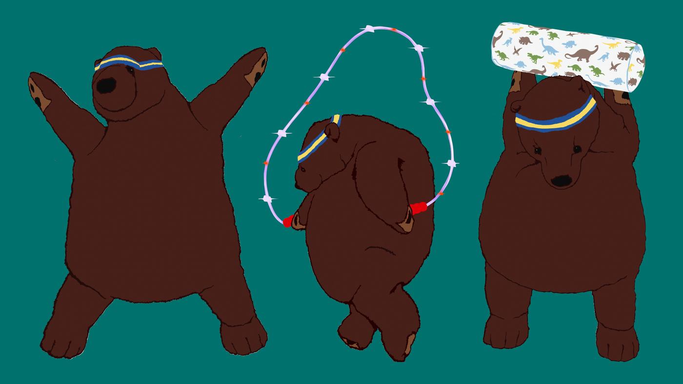 Disegni dell’orso bruno DJUNGELSKOG che fa esercizi di ginnastica con la corda per saltare LUSTIGT e il cuscino JÄTTELIK.