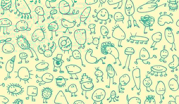 Disegni di bambini che rappresentano personaggi immaginari verdi su sfondo giallo – IKEA