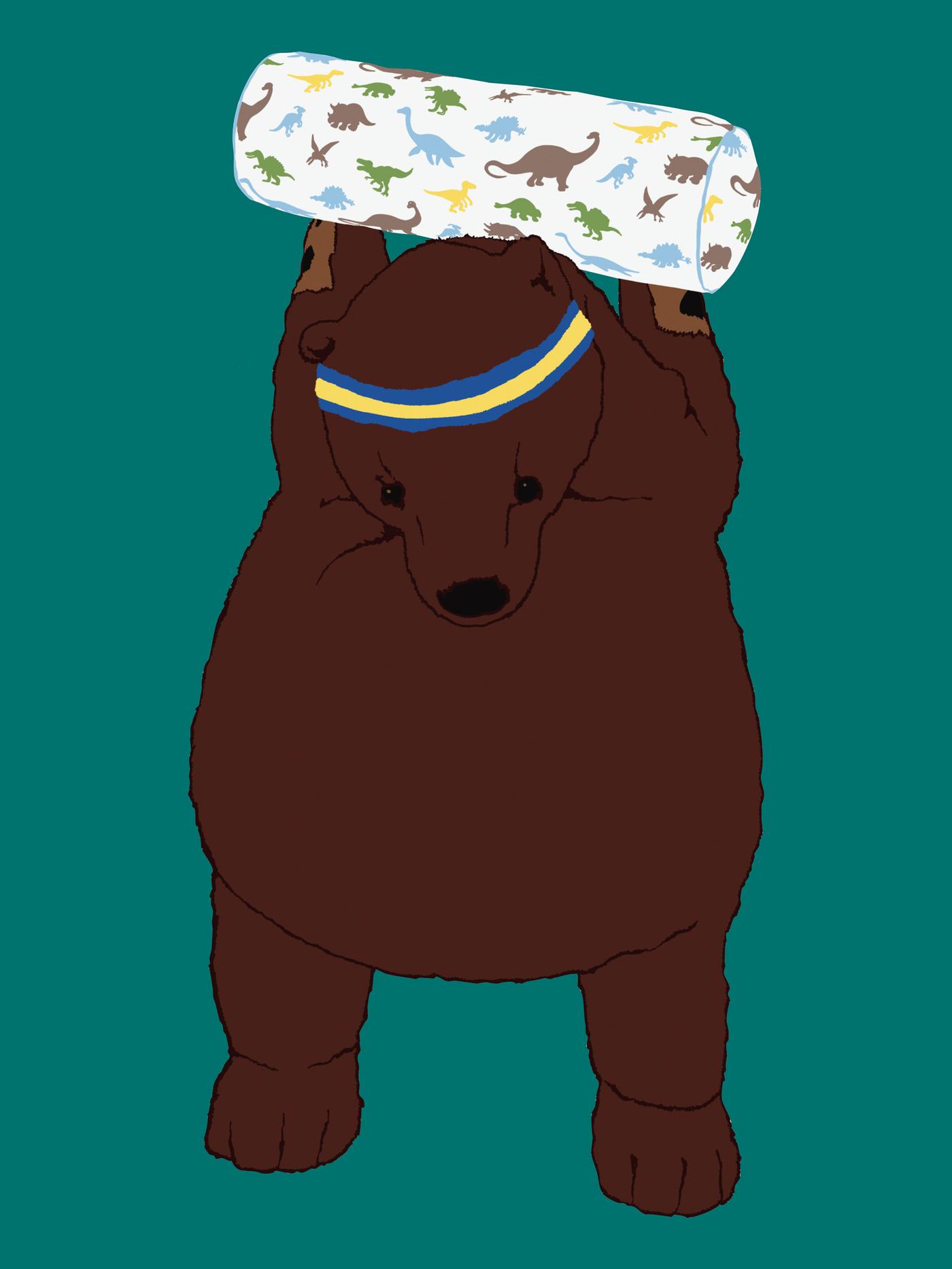 Disegno dell’orso bruno DJUNGELSKOG che solleva sopra alla testa un cuscino JÄTTELIK, su sfondo turchese.