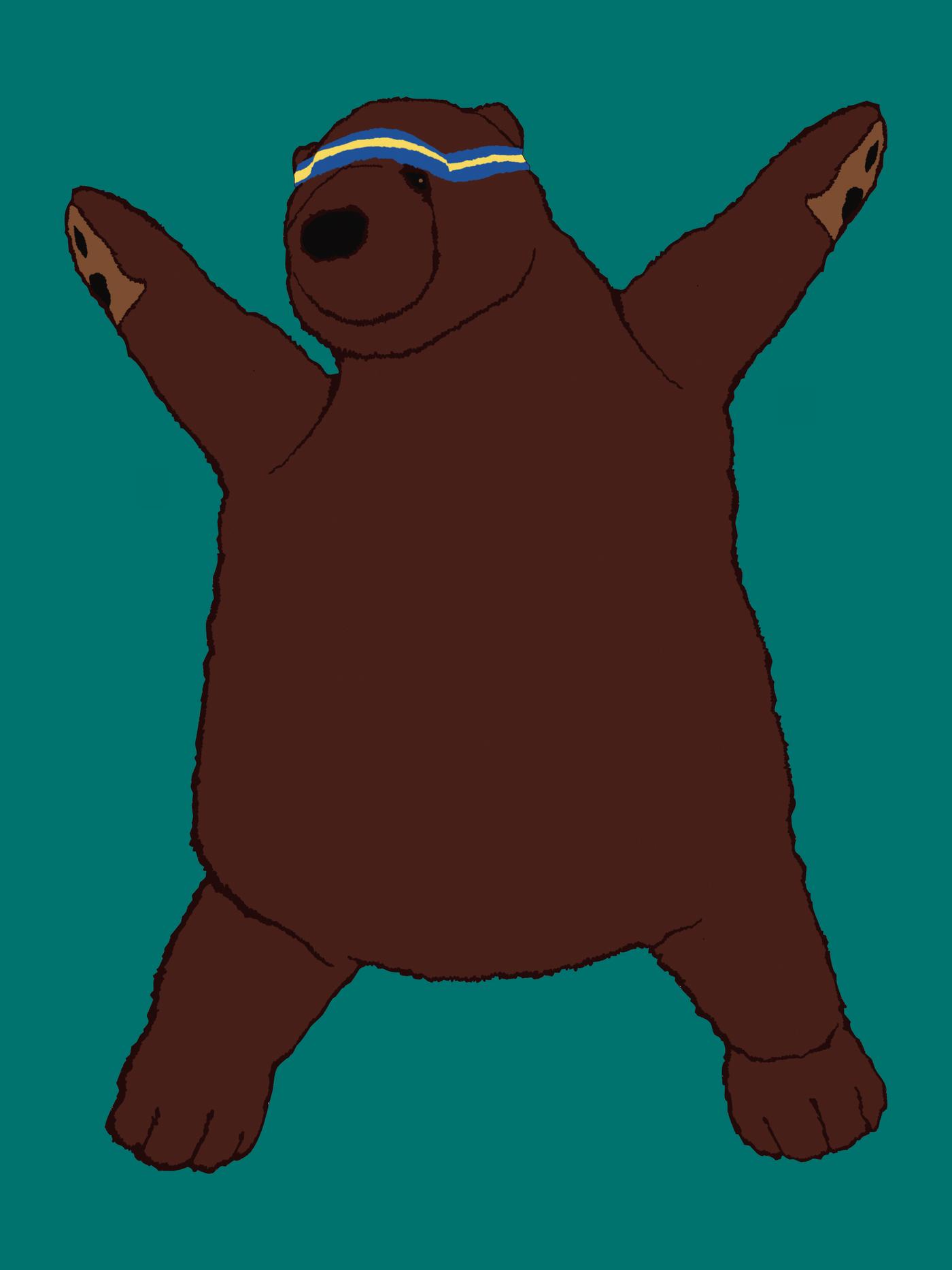 Disegno dell’orso bruno DJUNGELSKOG in versione personal trainer, che fa esercizi di ginnastica.