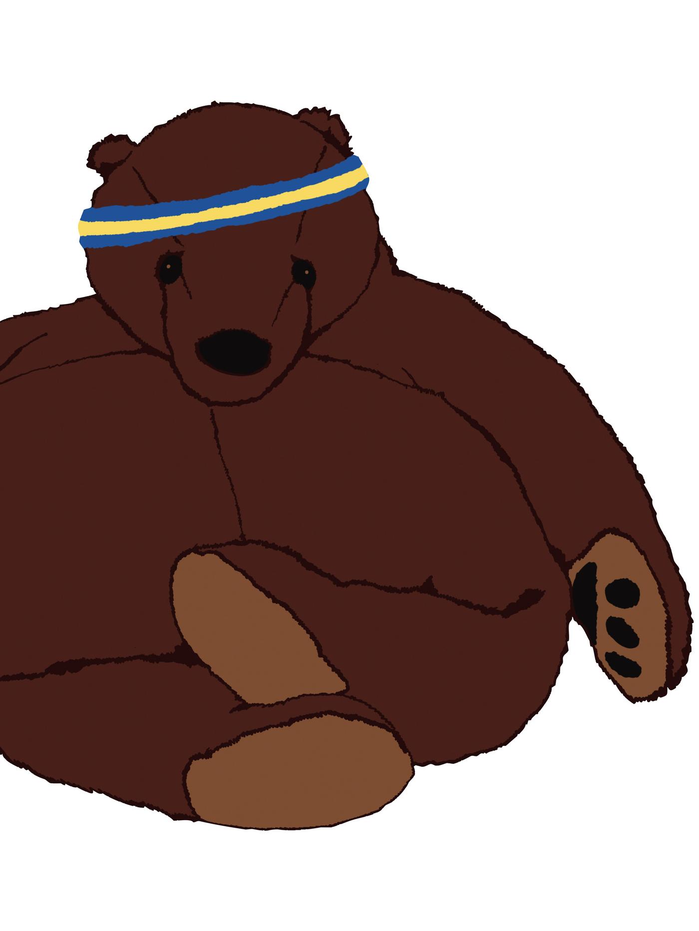 Disegno dell’orso bruno DJUNGELSKOG in versione personal trainer, seduto, che fa un esercizio di rilassamento.