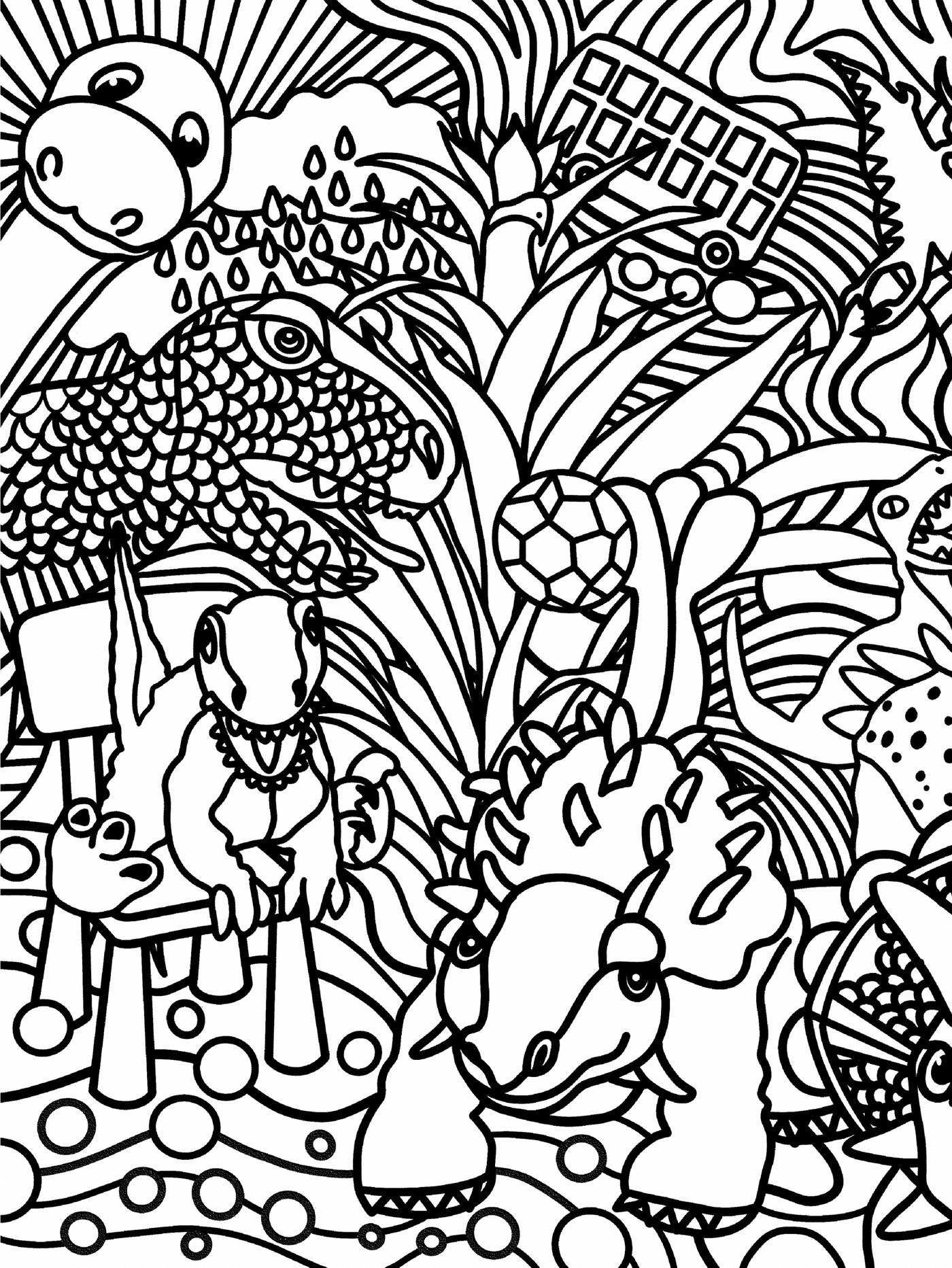 Disegno in bianco e nero con dinosauri JÄTTELIK in un ambiente misterioso.