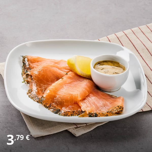 Dish at the Swedish Restaurant: Lightly salted salmon with mustard-dill sauce, 3.79 €.