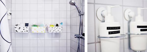 Distributeur de savon IKEA ENUDDEN dans la douche, étiqueté 