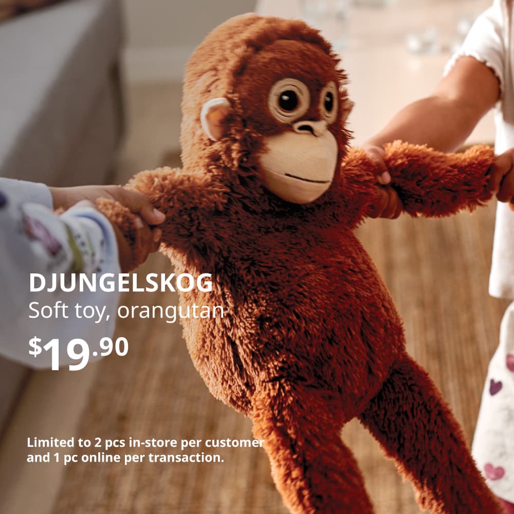 DJUNGELSKOG orangutan soft toy resembling Ichikawa Zoo's Japanese macaque, Punch. Price: $19.90