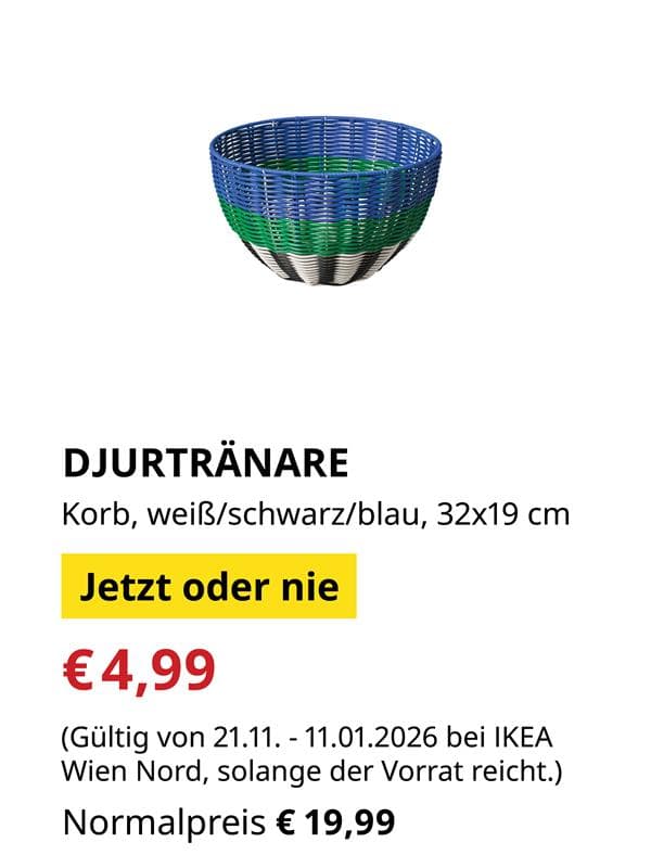 DJURTRÄNARE Korb, weiß/schwarz/blau 32x19 cm
um € 4,99 statt € 19,99.
Gültig bis 11.1.2026 oder solange der Vorrat reicht.