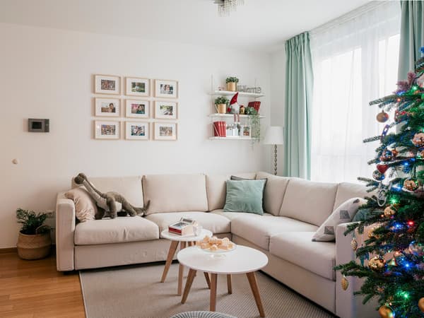 Dnevni boravak s bijelim kaučem, božićnim drvcem, policama s knjigama i fotografijama na zidu.