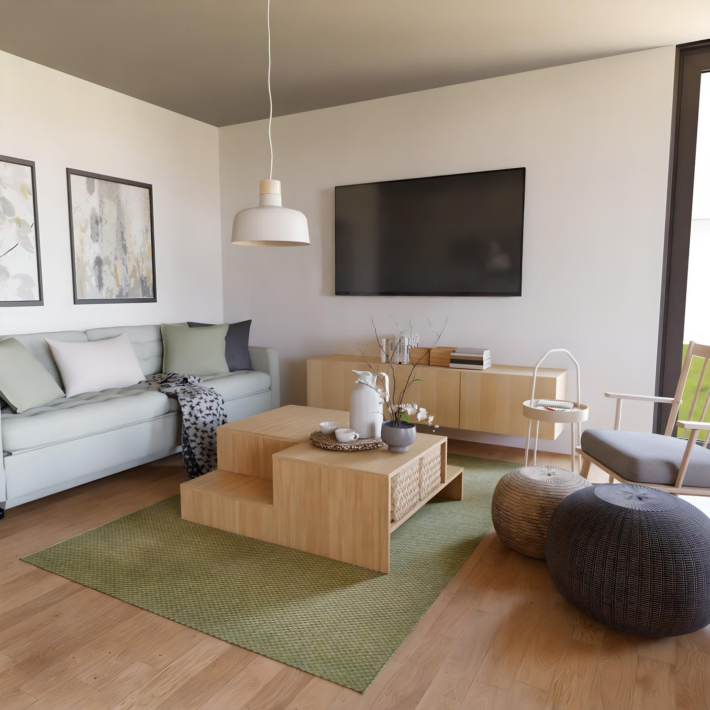 Dnevni boravak s kaučem, stolićem, TV-om na zidu, tepihom i foteljom.